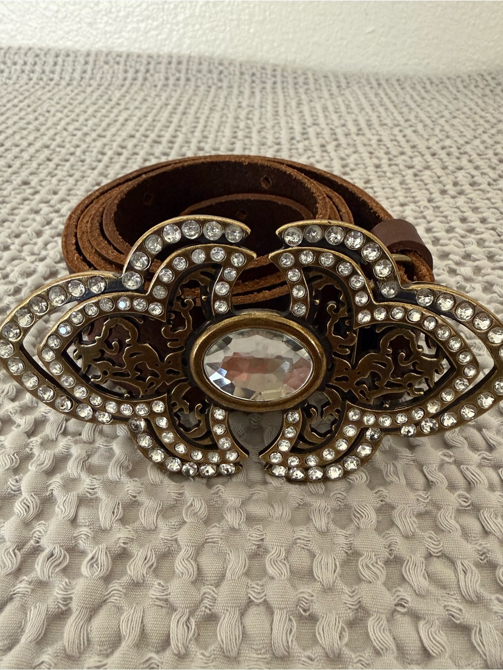 Miss Me Brown Leather Belt with Crystal-Embellished Filigree Buckle Sz M
